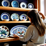 A cozy ceramics studio filled with natural light, showcasing a person carefully painting intricate floral patterns on a glazed ceramic plate. Shelves display various finished ceramic pieces in vibrant colors, while tools and brushes are neatly arranged on a workbench.