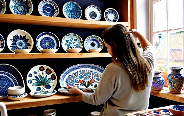 A cozy ceramics studio filled with natural light, showcasing a person carefully painting intricate floral patterns on a glazed ceramic plate. Shelves display various finished ceramic pieces in vibrant colors, while tools and brushes are neatly arranged on a workbench.