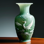 An exquisite Goryeo Celadon vase, showcasing its mysterious jade-green 'bichaek' glaze, with intricate inlaid patterns of elegant cranes and delicate lotus flowers. The elegant, curved form is meticulously illuminated by soft, professional studio lighting, highlighting the translucent glaze and detailed craftsmanship. Displayed in a pristine museum setting on a simple pedestal, professional photography, high quality, safe for work, appropriate content, family-friendly.