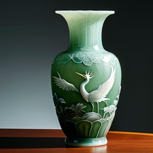 An exquisite Goryeo Celadon vase, showcasing its mysterious jade-green 'bichaek' glaze, with intricate inlaid patterns of elegant cranes and delicate lotus flowers. The elegant, curved form is meticulously illuminated by soft, professional studio lighting, highlighting the translucent glaze and detailed craftsmanship. Displayed in a pristine museum setting on a simple pedestal, professional photography, high quality, safe for work, appropriate content, family-friendly.
