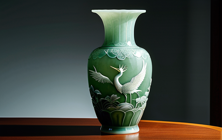 An exquisite Goryeo Celadon vase, showcasing its mysterious jade-green 'bichaek' glaze, with intricate inlaid patterns of elegant cranes and delicate lotus flowers. The elegant, curved form is meticulously illuminated by soft, professional studio lighting, highlighting the translucent glaze and detailed craftsmanship. Displayed in a pristine museum setting on a simple pedestal, professional photography, high quality, safe for work, appropriate content, family-friendly.