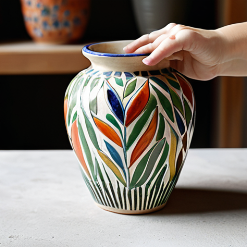 Engobe Decoration**

"A ceramic vase decorated with colorful engobes, showcasing delicate brushstrokes and subtle textures. The vase features a nature-inspired design, perhaps floral or leaf motifs. The background is a brightly lit pottery studio. fully clothed, safe for work, appropriate content, professional, perfect anatomy, correct proportions, natural pose, well-formed hands, proper finger count, natural body proportions, modest clothing."

**