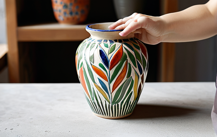 Engobe Decoration**
"A ceramic vase decorated with colorful engobes, showcasing delicate brushstrokes and subtle textures. The vase features a nature-inspired design, perhaps floral or leaf motifs. The background is a brightly lit pottery studio. fully clothed, safe for work, appropriate content, professional, perfect anatomy, correct proportions, natural pose, well-formed hands, proper finger count, natural body proportions, modest clothing."
**