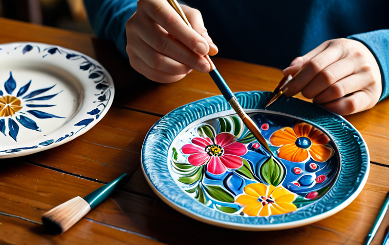 Hand Painting Ceramic Plate**
"A close-up shot of a person's hands carefully painting a ceramic plate with intricate floral designs, using fine brushes and colorful ceramic paints. The plate rests on a rustic wooden table in a sunlit studio filled with art supplies. Focus on the details of the brushstrokes and the vibrant colors. Fully clothed, appropriate attire, safe for work, perfect anatomy, natural proportions, professional studio setting, high quality, family-friendly."
**
