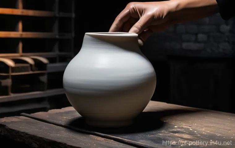 조선백자 제작 과정 - **Prompt:** Close-up on the weathered, skillful hands of a Joseon-era master artisan, gently shaping...