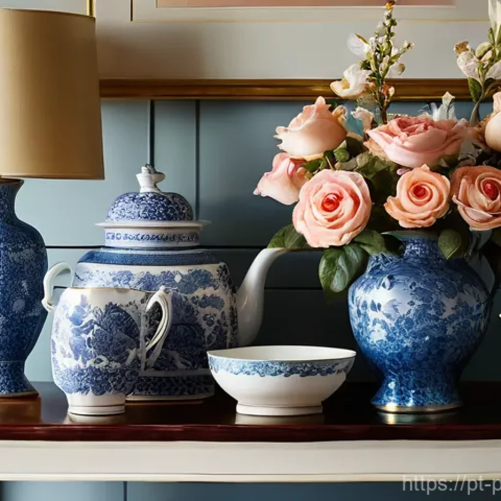 유명 도자기 브랜드 리뷰 - **Prompt:** A close-up, elegant shot of a collection of heirloom porcelain pieces arranged artfully ...