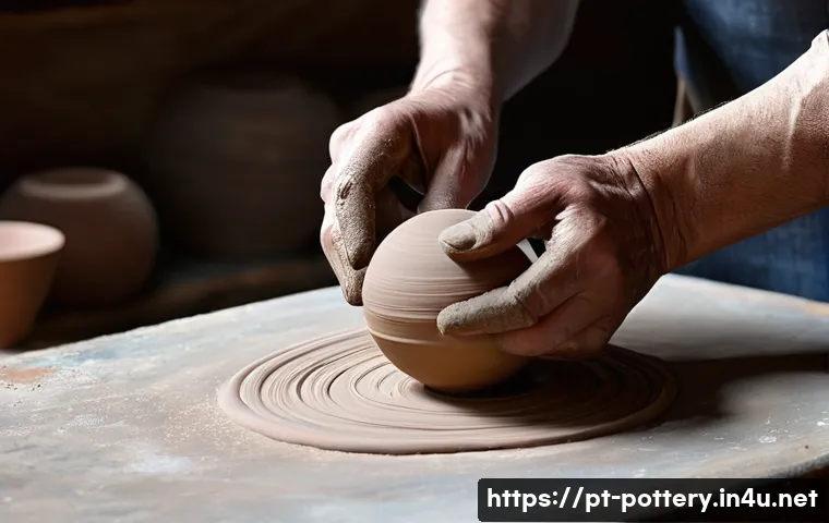 도자기와 도장 도예 인장  제작 - **Prompt**: "Close-up of a ceramist's hands, gently kneading and shaping a smooth, rich terracotta c...