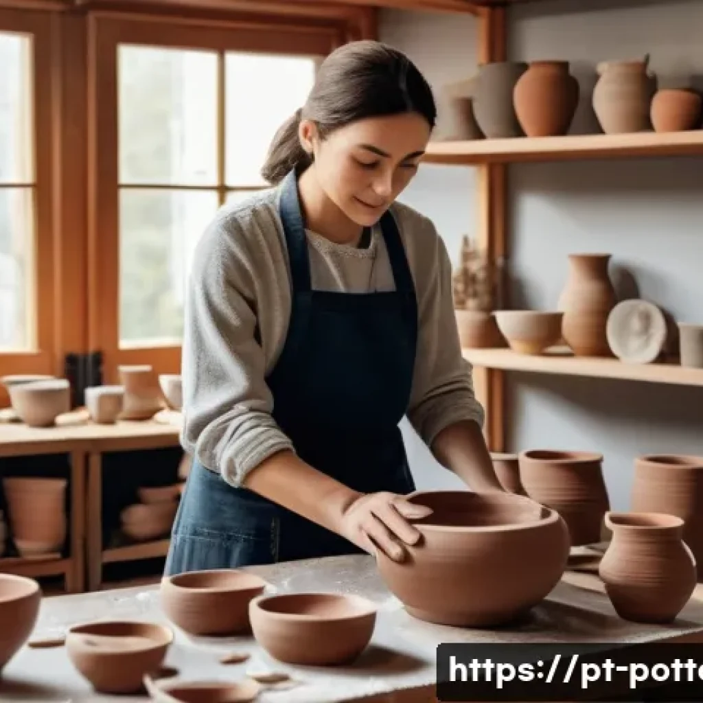 도자기 공방 운영 마케팅 전략 - A cozy artisan pottery workshop scene showcasing a skilled ceramic artist shaping a clay vase on a p...