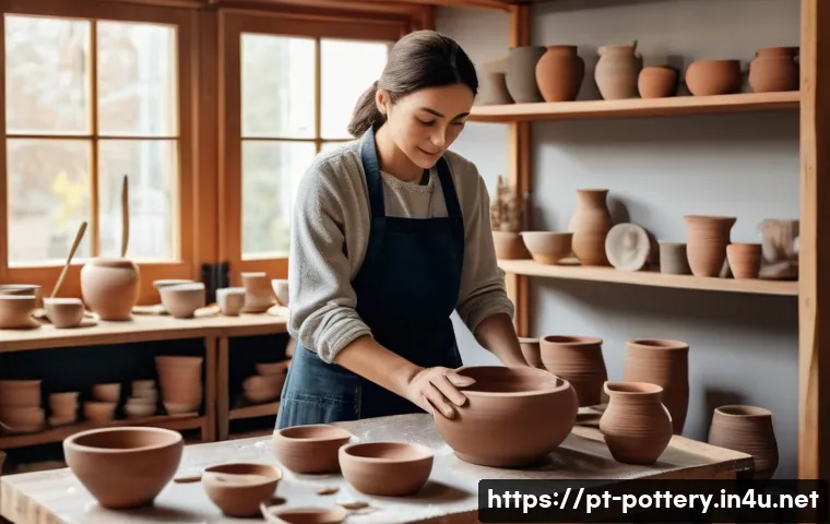 도자기 공방 운영 마케팅 전략 - A cozy artisan pottery workshop scene showcasing a skilled ceramic artist shaping a clay vase on a p...