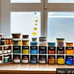 도자기 페인팅 재료 추천 - A bright and inviting ceramic art studio workspace featuring a variety of ceramic paints including a...