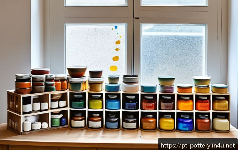 도자기 페인팅 재료 추천 - A bright and inviting ceramic art studio workspace featuring a variety of ceramic paints including a...