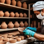 초벌 도자기와 재벌 도자기 차이 - A detailed ceramic workshop scene showing an artisan carefully placing porous, biscuit-fired pottery...