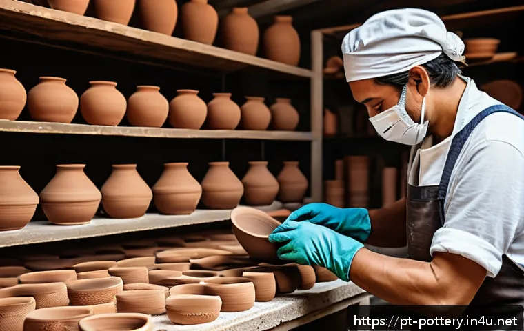 초벌 도자기와 재벌 도자기 차이 - A detailed ceramic workshop scene showing an artisan carefully placing porous, biscuit-fired pottery...