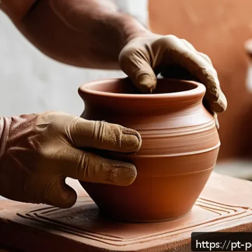 도자기 유약 크랙 원인 - A detailed close-up of a ceramic potter’s hands applying a smooth, even layer of glaze with a fine b...