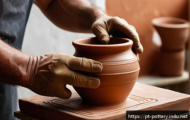 도자기 유약 크랙 원인 - A detailed close-up of a ceramic potter’s hands applying a smooth, even layer of glaze with a fine b...