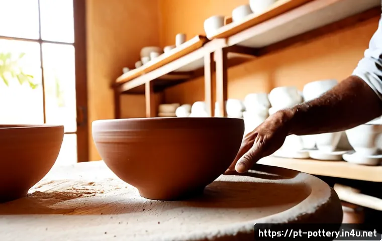 핸드메이드 도자기 브랜드 - Photorealistic artisan pottery studio in Portugal, a middle-aged ceramicist’s hands shaping a warm t...